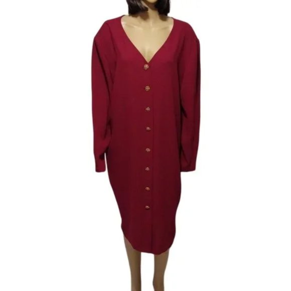Vintage 80s Chaus Red Long Sleeve Button Down Midi Dress Plus Size 16W Deadstock - Picture 2 of 8